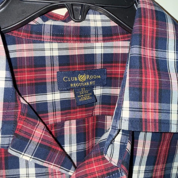 LIGHTLY USED Club Room Shirt 17 34/35 Red Plaid Button Up Long Sleeve - Picture 3 of 5
